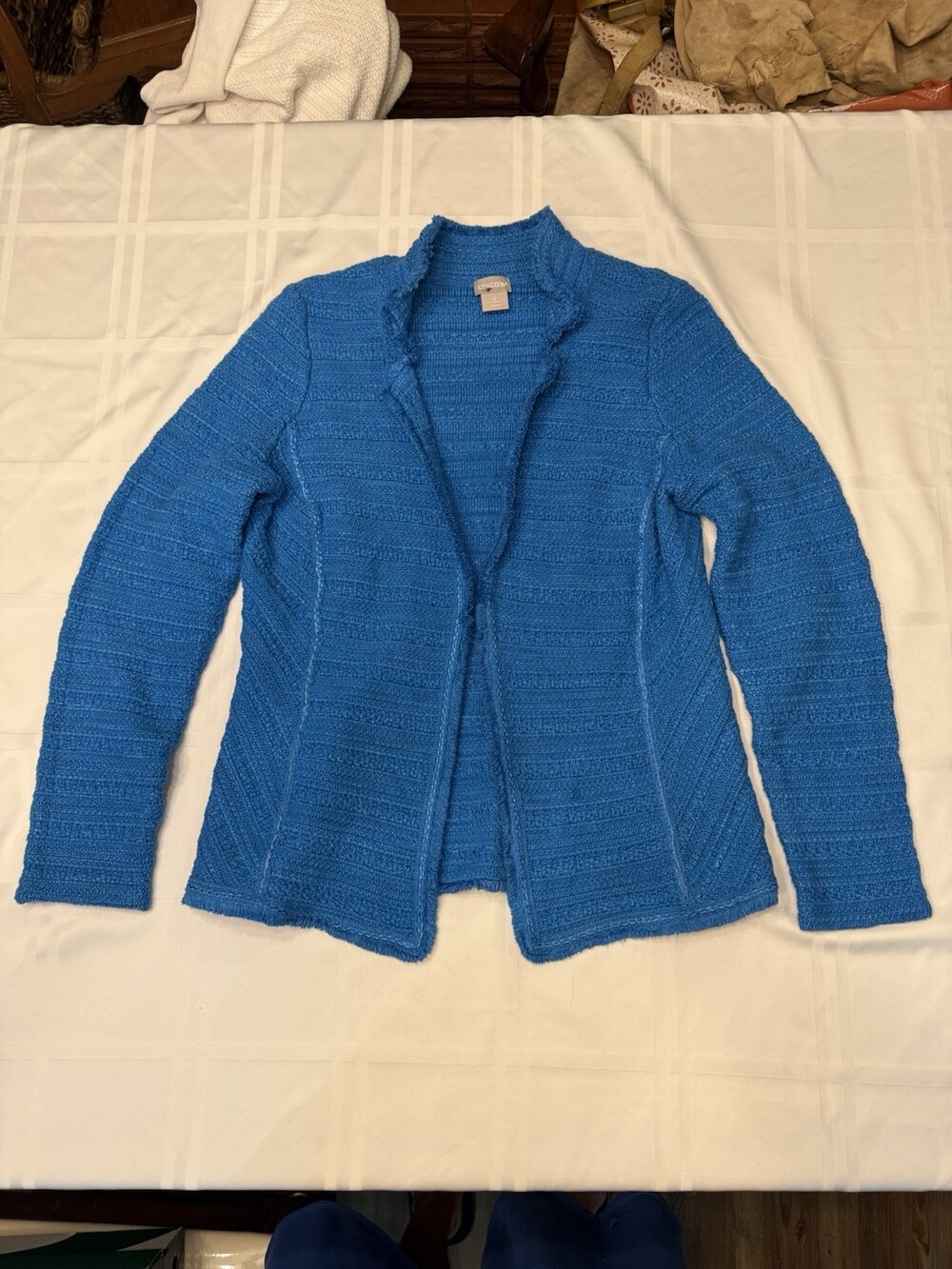Chico's Blue Textured Knit Cardigan Jacket Sweater Hook Closure Size 0 Small